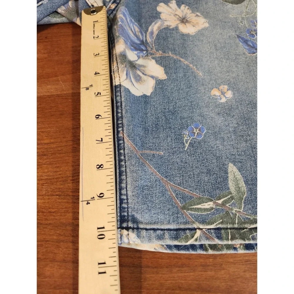 Flamingals Bermuda Shorts Women 2XL Blue Floral Print Stretch Denim High Rise